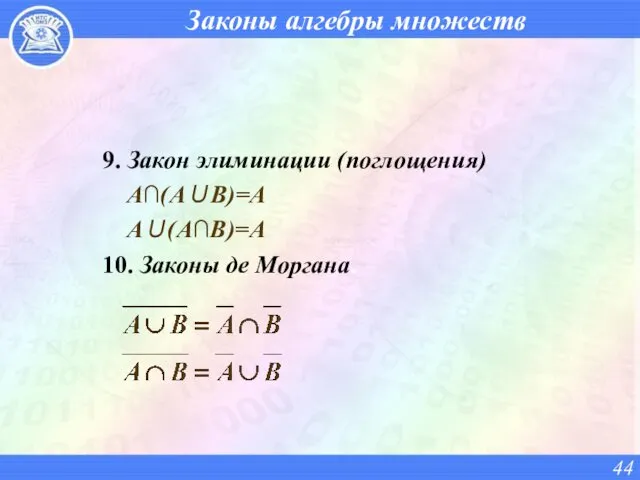 Законы алгебры множеств 9. Закон элиминации (поглощения) A∩(A∪B)=A A∪(A∩B)=A 10. Законы де Моргана.