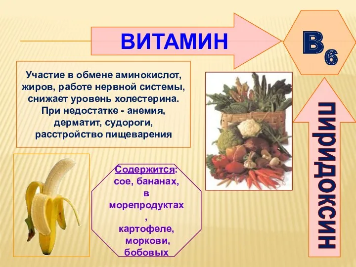 ВИТАМИН B6 пиридоксин Участие в обмене аминокислот, жиров, работе нервной