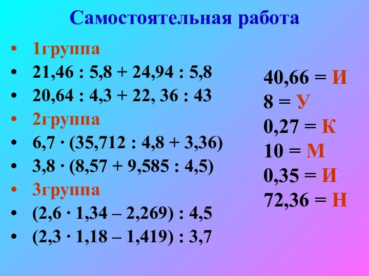 Самостоятельная работа 1группа 21,46 : 5,8 + 24,94 : 5,8 20,64 : 4,3