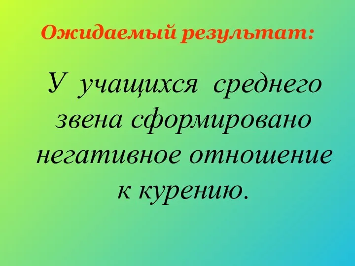 Ожидаемый результат: У учащихся среднего звена сформировано негативное отношение к курению.