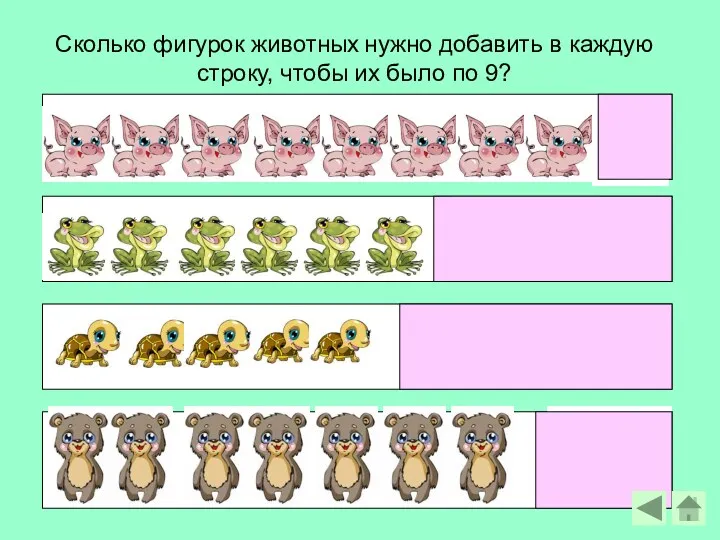 Сколько фигурок животных нужно добавить в каждую строку, чтобы их было по 9?