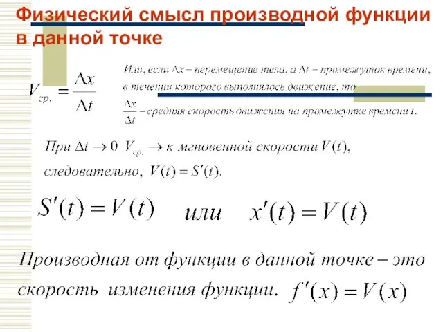 Физический смысл производной функции в данной точке .