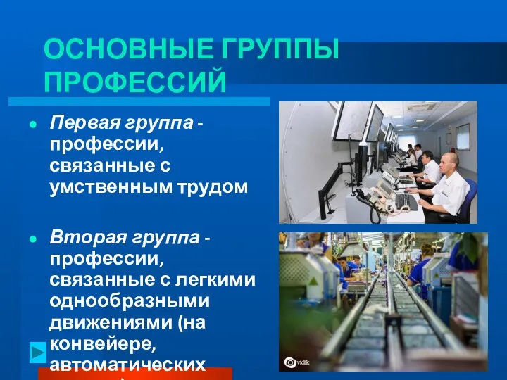 ОСНОВНЫЕ ГРУППЫ ПРОФЕССИЙ Первая группа - профессии, связанные с умственным трудом Вторая группа