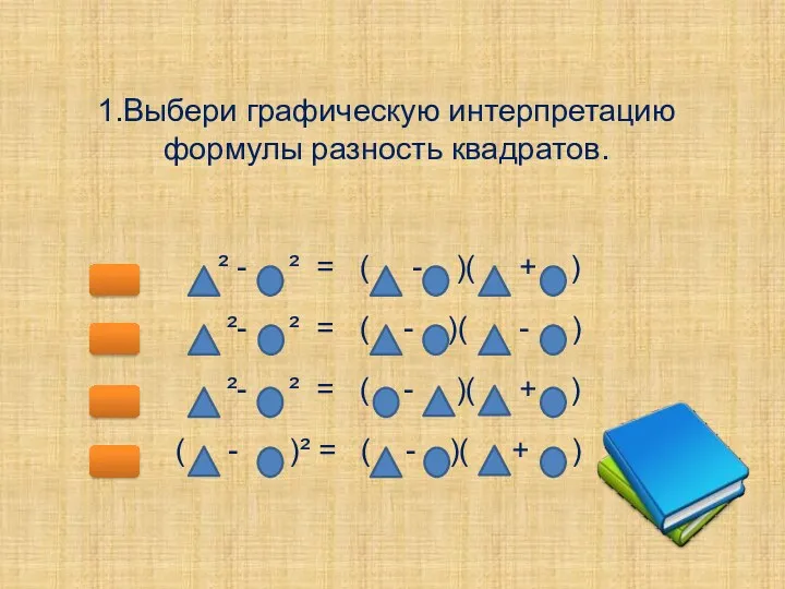 1.Выбери графическую интерпретацию формулы разность квадратов. ² - ² = ( - )(