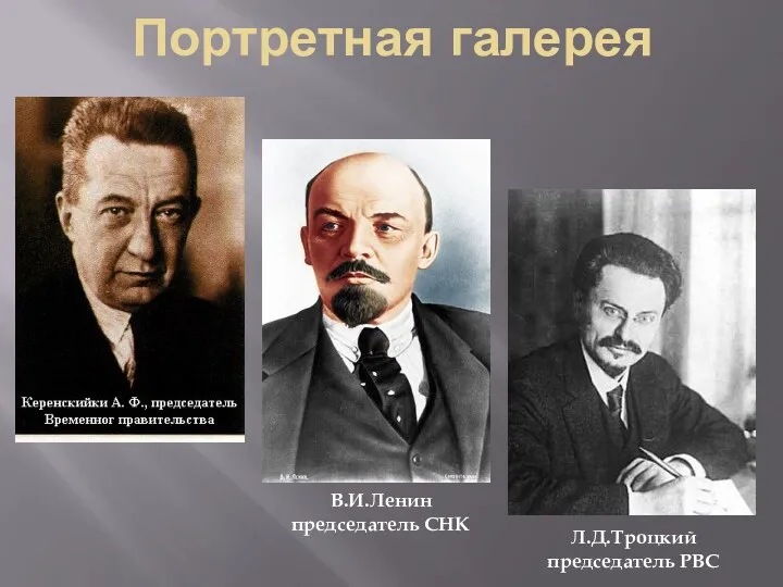 Портретная галерея В.И.Ленин председатель СНК Л.Д.Троцкий председатель РВС