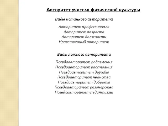 Авторитет учителя физической культуры Виды истинного авторитета Авторитет профессионала Авторитет