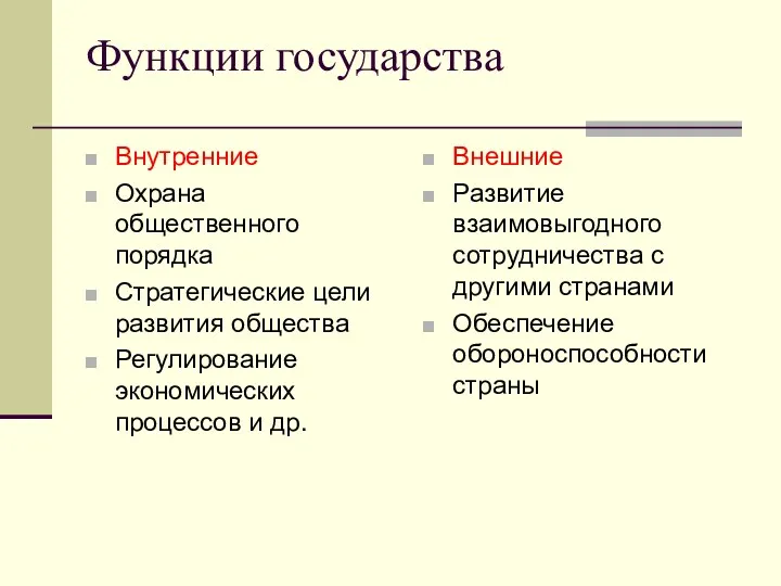 Функции государства Внутренние Охрана общественного порядка Стратегические цели развития общества