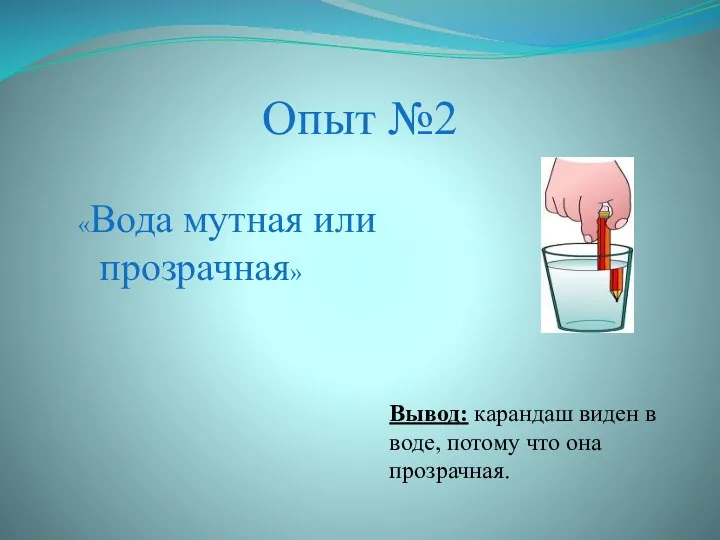 «Вода мутная или прозрачная» Опыт №2 Вывод: карандаш виден в воде, потому что она прозрачная.