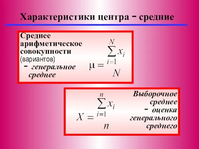 Характеристики центра − средние Среднее арифметическое совокупности (вариантов) − генеральное