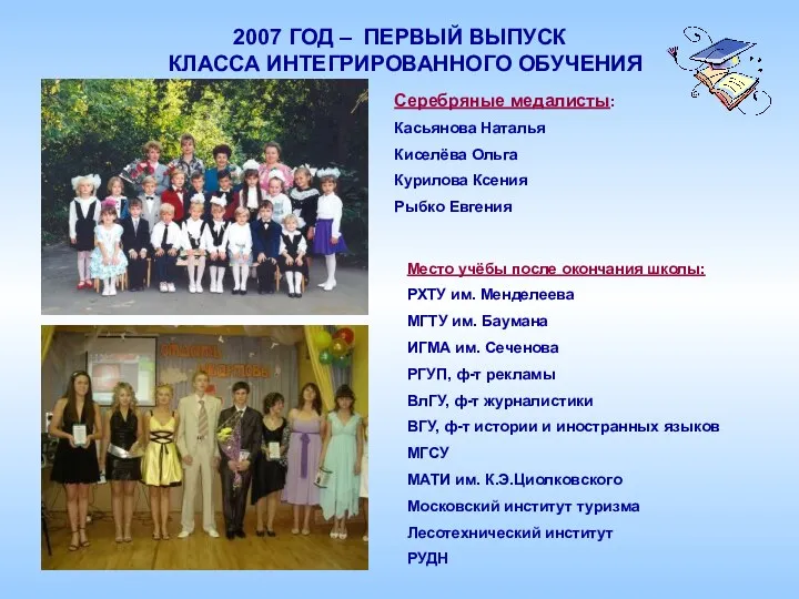 2007 ГОД – ПЕРВЫЙ ВЫПУСК КЛАССА ИНТЕГРИРОВАННОГО ОБУЧЕНИЯ Серебряные медалисты: