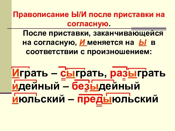 Правописание Ы/И после приставки на согласную. После приставки, заканчивающейся на