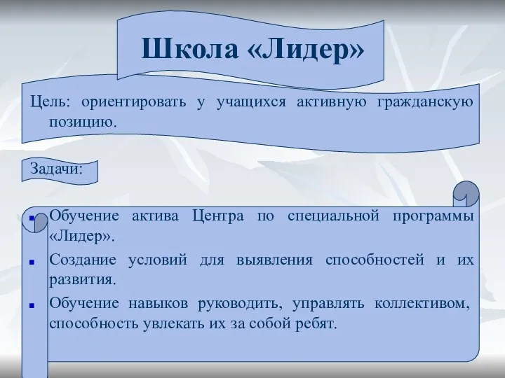 Школа «Лидер» Цель: ориентировать у учащихся активную гражданскую позицию. Задачи: