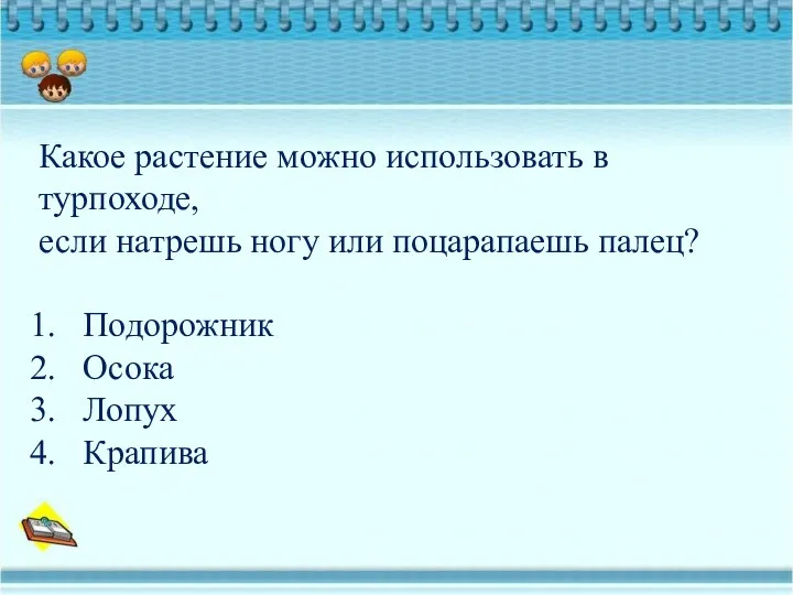 Какое растение можно использовать в турпоходе, если натрешь ногу или поцарапаешь палец? Подорожник Осока Лопух Крапива