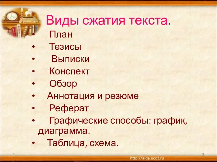 Виды сжатия текста. План Тезисы Выписки Конспект Обзор Аннотация и