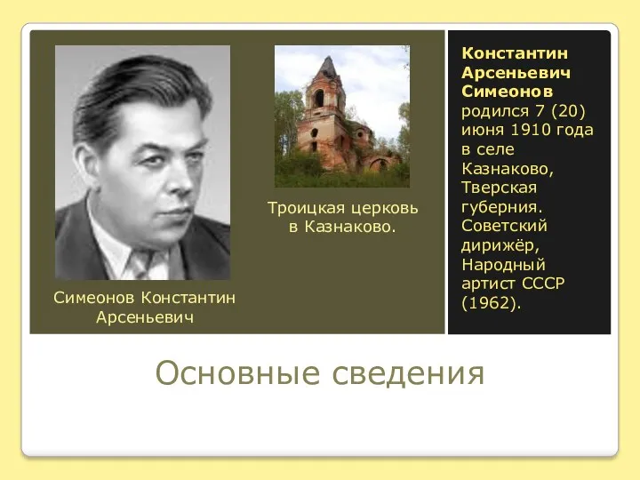 Основные сведения Константин Арсеньевич Симеонов родился 7 (20) июня 1910