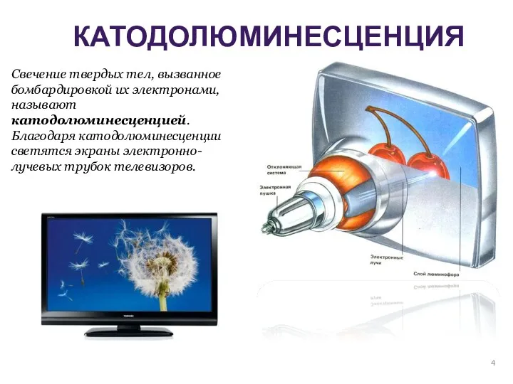 Свечение твердых тел, вызванное бомбардировкой их электронами, называют катодолюминесценцией. Благодаря