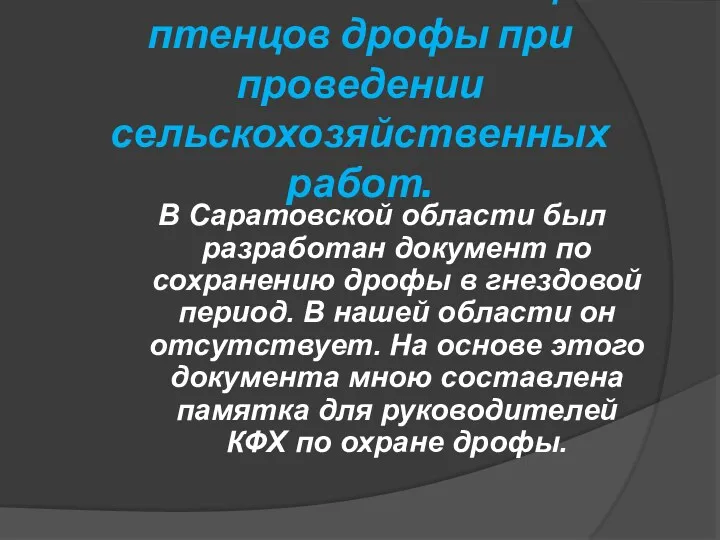 Спасение кладок яиц и птенцов дрофы при проведении сельскохозяйственных работ.