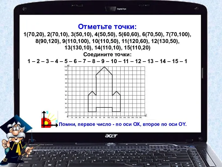 Отметьте точки: 1(70,20), 2(70,10), 3(50,10), 4(50,50), 5(60,60), 6(70,50), 7(70,100), 8(90,120),