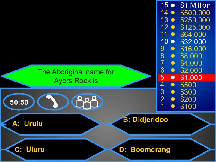 A: Urulu C: Uluru B: Didjeridoo D: Boomerang 50:50 15