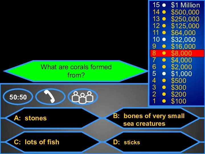 A: stones C: lots of fish B: bones of very