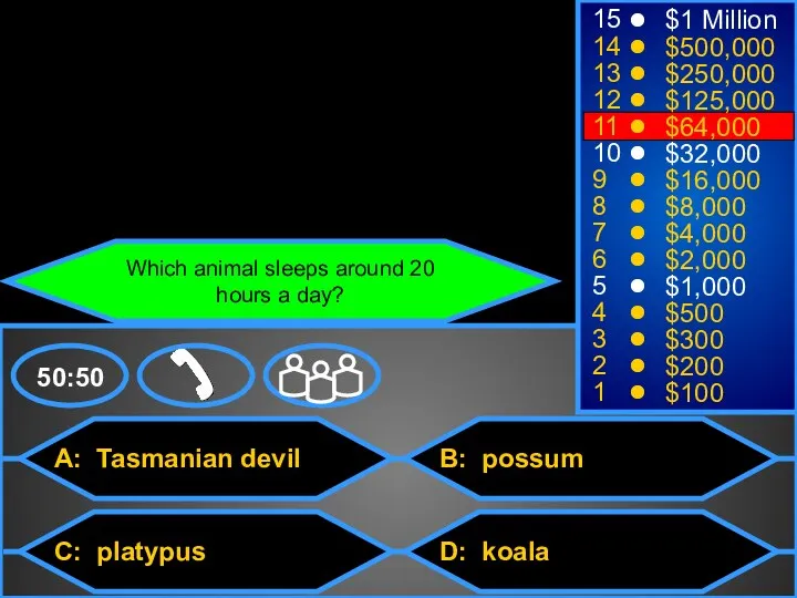 A: Tasmanian devil C: platypus B: possum D: koala 50:50