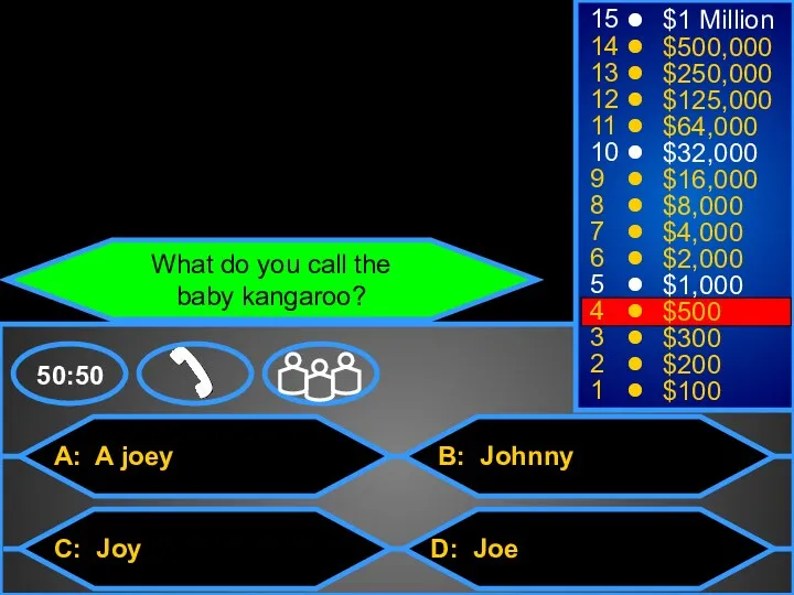 A: A joey C: Joy B: Johnny D: Joe 50:50