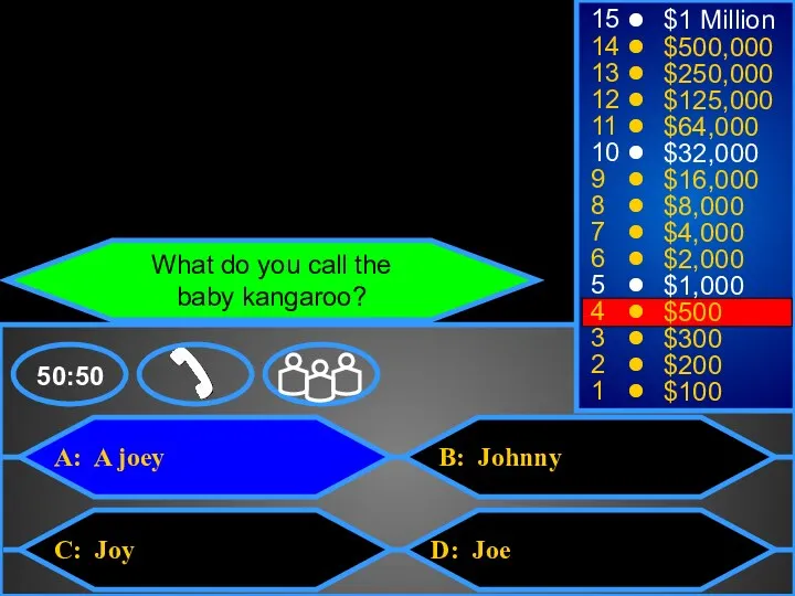 A: A joey C: Joy B: Johnny D: Joe 50:50