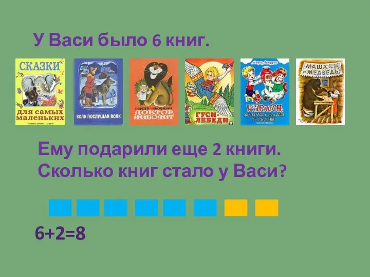 У Васи было 6 книг. Ему подарили еще 2 книги. Сколько книг стало у Васи? 6+2=8