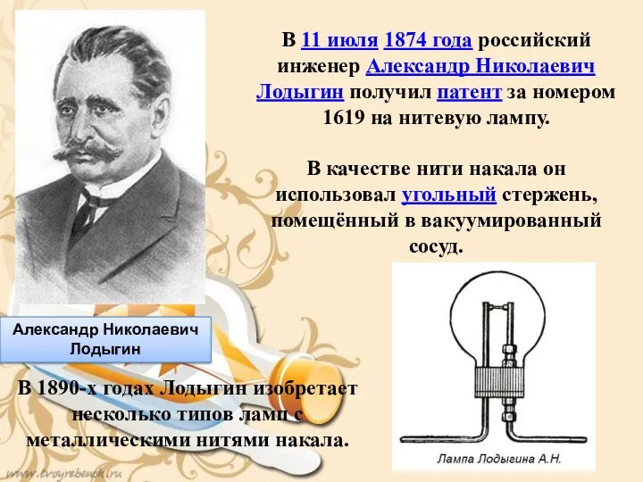 Александр Николаевич Лодыгин В 11 июля 1874 года российский инженер