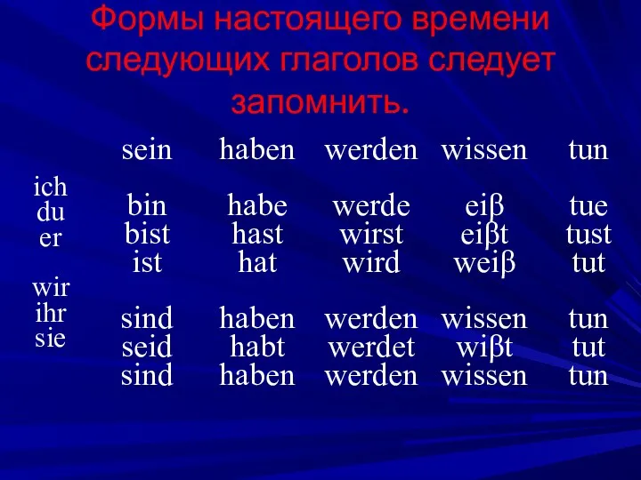 Формы настоящего времени следующих глаголов следует запомнить.