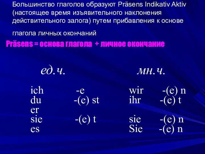 Большинство глаголов образуют Präsens Indikativ Aktiv (настоящее время изъявительного наклонения