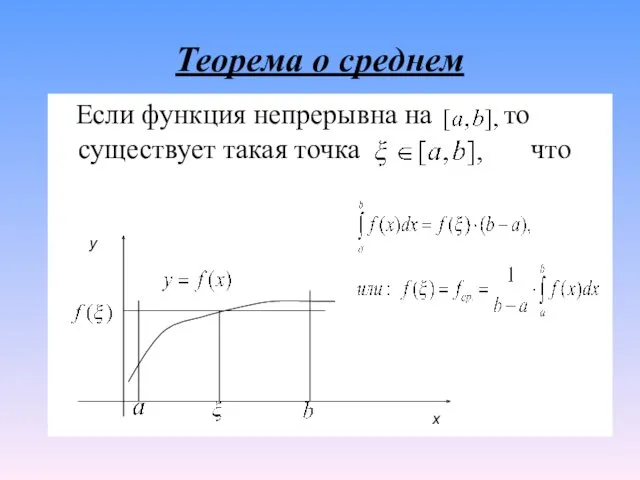 Теорема о среднем Если функция непрерывна на то существует такая точка что y x
