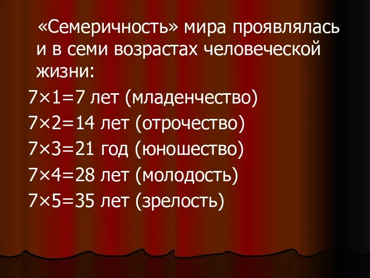 «Семеричность» мира проявлялась и в семи возрастах человеческой жизни: 7×1=7 лет (младенчество) 7×2=14