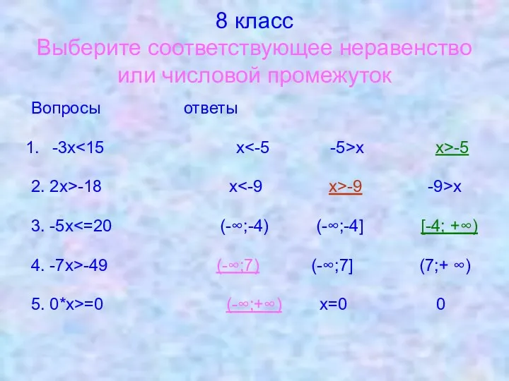 8 класс Выберите соответствующее неравенство или числовой промежуток Вопросы ответы