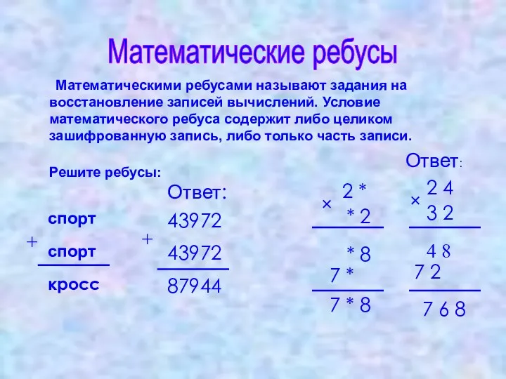 Математическими ребусами называют задания на восстановление записей вычислений. Условие математического