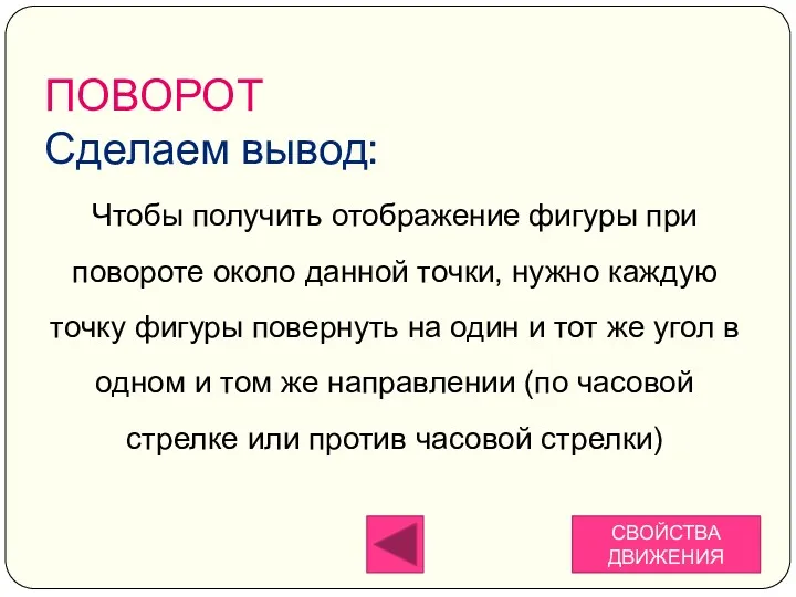 ПОВОРОТ Сделаем вывод: Чтобы получить отображение фигуры при повороте около