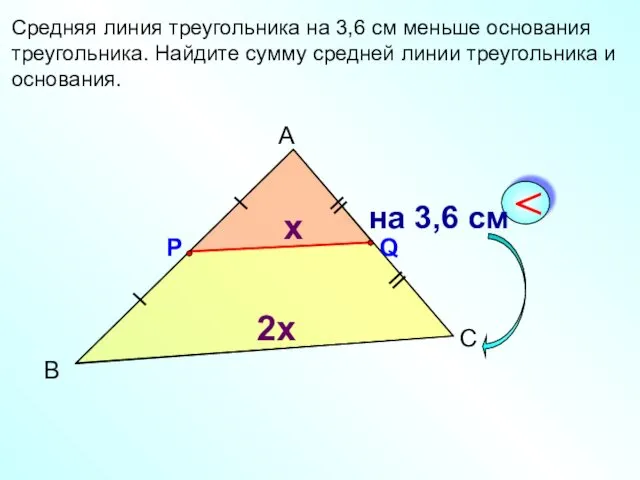 Средняя линия треугольника на 3,6 см меньше основания треугольника. Найдите