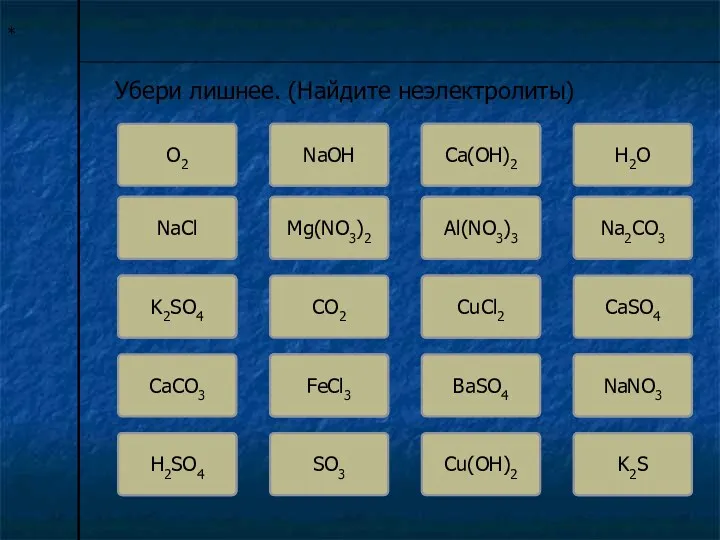 Ошибка * Убери лишнее. (Найдите неэлектролиты) О2 NaOH Ошибка NaCl