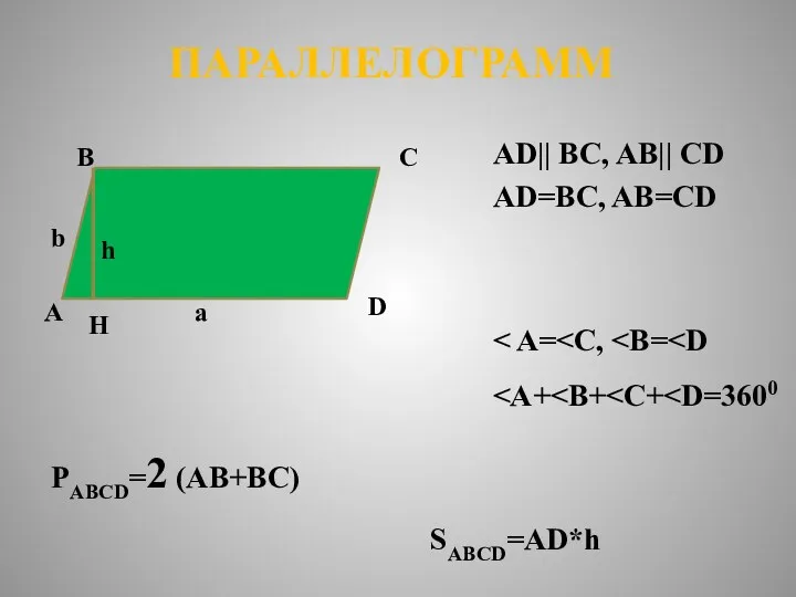 ПАРАЛЛЕЛОГРАММ А B C D AD|| BC, AB|| CD AD=BC, AB=CD PABCD=2 (AB+BC)