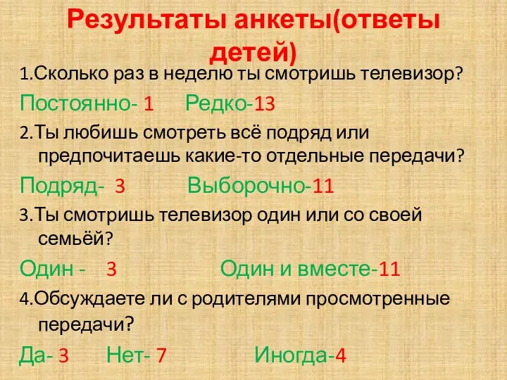 Результаты анкеты(ответы детей) 1.Сколько раз в неделю ты смотришь телевизор? Постоянно- 1 Редко-13