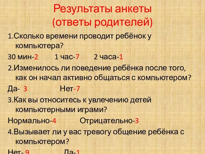 Результаты анкеты (ответы родителей) 1.Сколько времени проводит ребёнок у компьютера? 30 мин-2 1