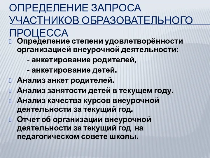 Определение запроса участников образовательного процесса Определение степени удовлетворённости организацией внеурочной