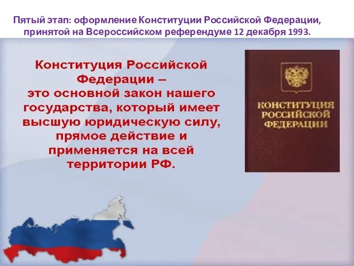 Пятый этап: оформление Конституции Российской Федерации, принятой на Всероссийском референдуме 12 декабря 1993.