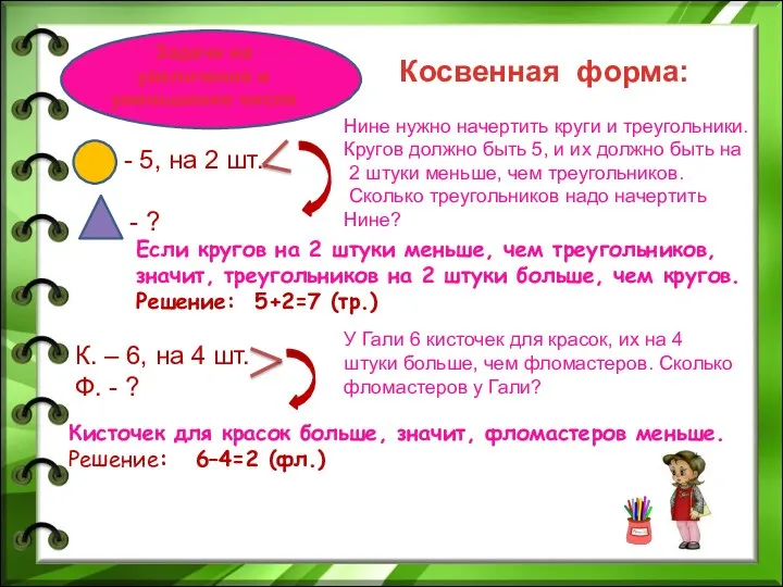 Задачи на увеличение и уменьшение числа Косвенная форма: Нине нужно