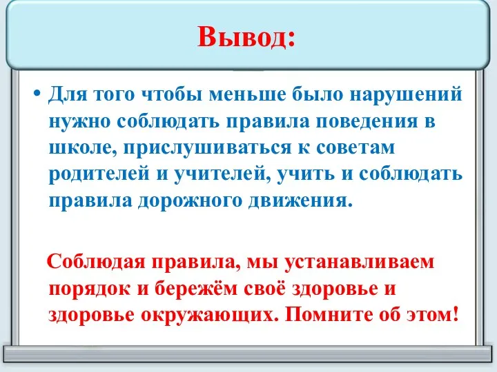 Вывод: Для того чтобы меньше было нарушений нужно соблюдать правила