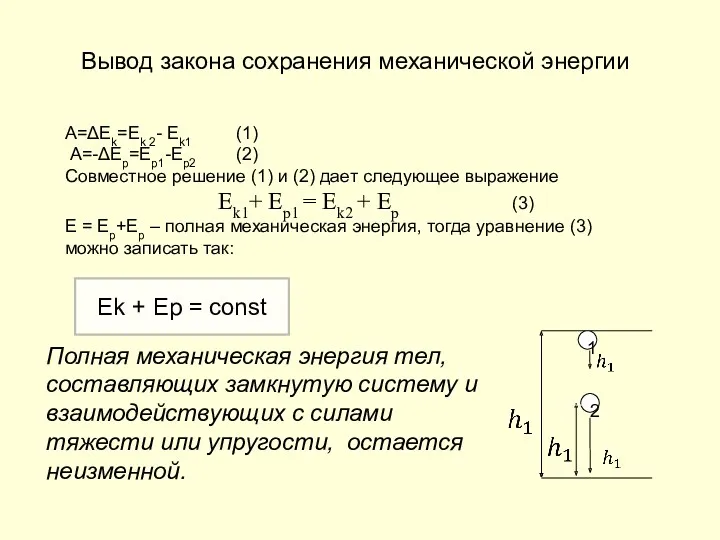 Вывод закона сохранения механической энергии Полная механическая энергия тел, составляющих