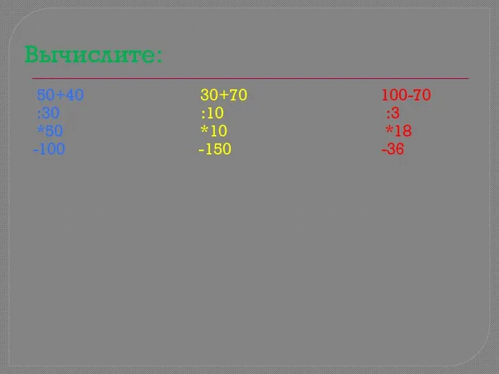 Вычислите: 50+40 30+70 100-70 :30 :10 :3 *50 *10 *18 -100 -150 -36