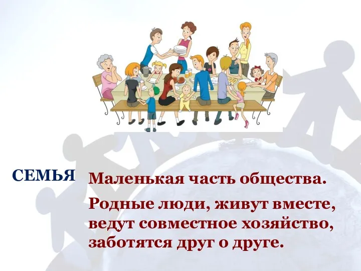 СЕМЬЯ Родные люди, живут вместе, ведут совместное хозяйство, заботятся друг о друге. Маленькая часть общества.