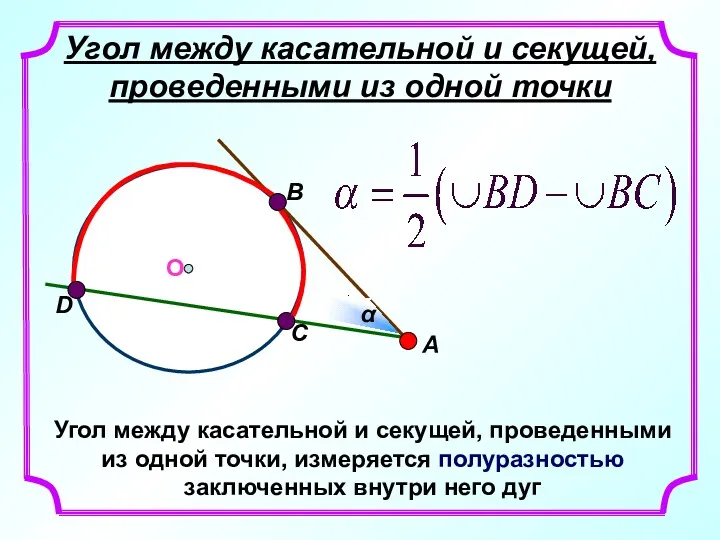 Угол между касательной и секущей, проведенными из одной точки Угол между касательной и