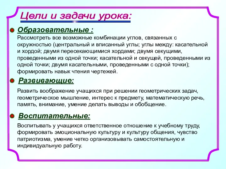 Цели и задачи урока: Образовательные : Рассмотреть все возможные комбинации углов, связанных с